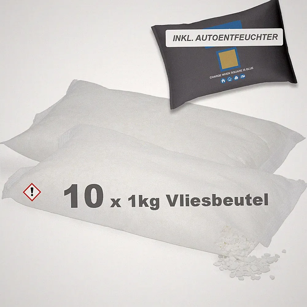 10x 1kg Luft-Entfeuchter Granulat im Vliesbeutel Nachfüllpack + Autoentfeuchter