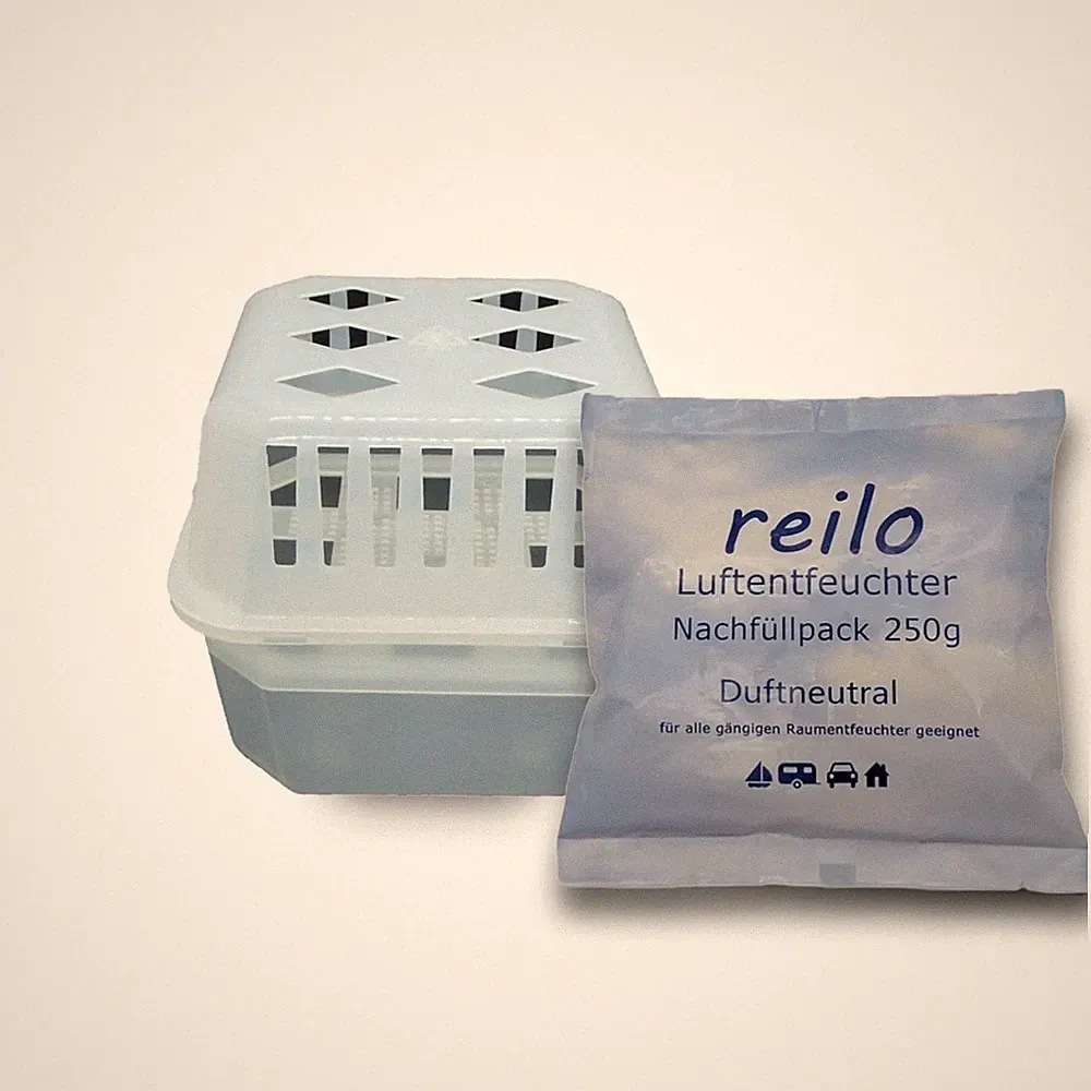 2x reilo Mini Box mit 10x 250g Raum-/ Luftentfeuchter Granulat im Vliesbeutel