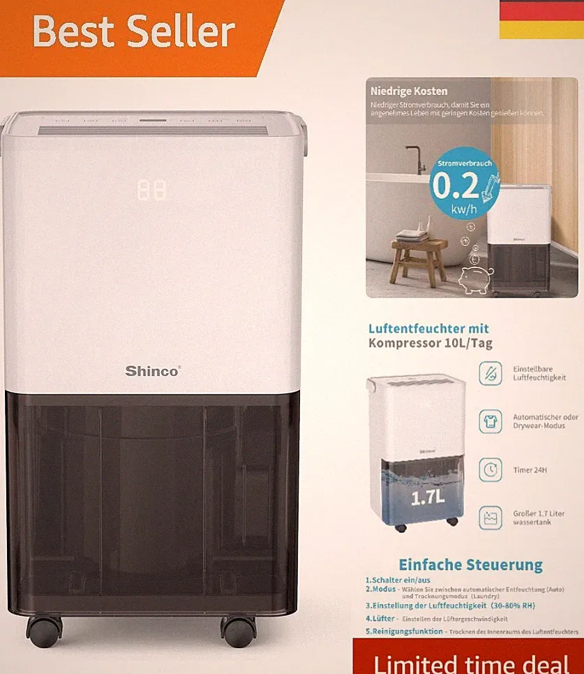 Energieeffizienter Luftentfeuchter 10L, Automatischer Neustart & Ablaufschlauch