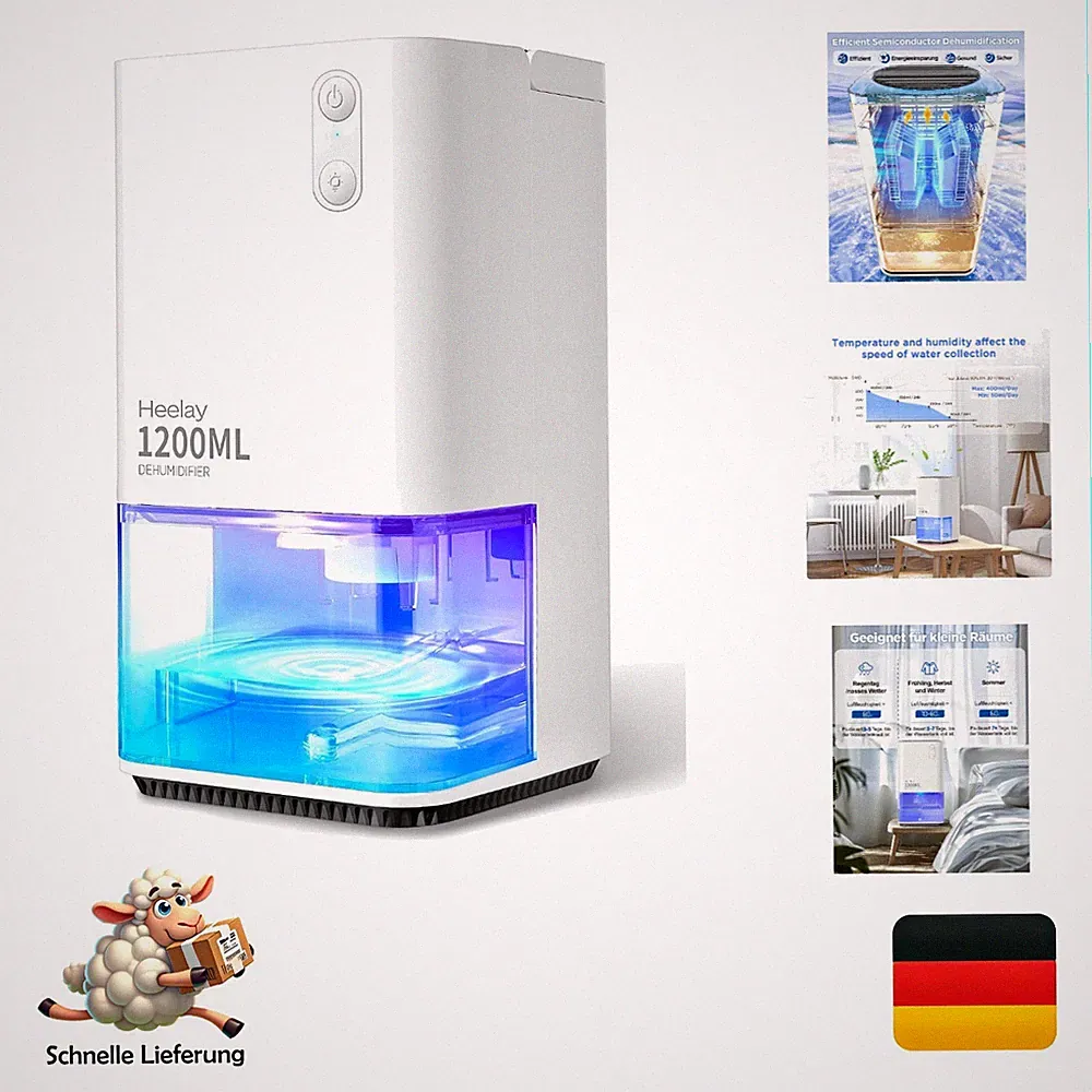Heelay Luftentfeuchter 1200ml Elektrisch tragbar energieeffizient leise Raum-...