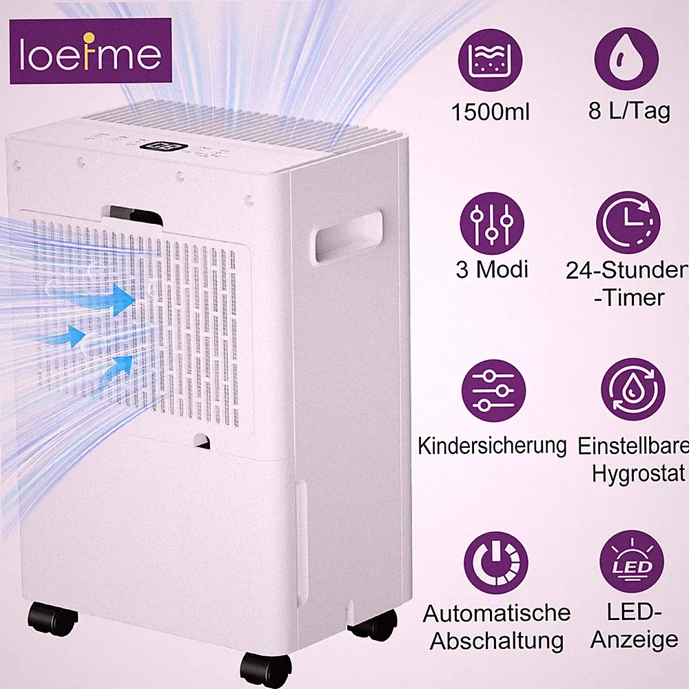 LOEFME Luftentfeuchter 8L/24h Raumgröße 65m³(25m²) 1,5L Tank+1/3m Ablaufschlauch