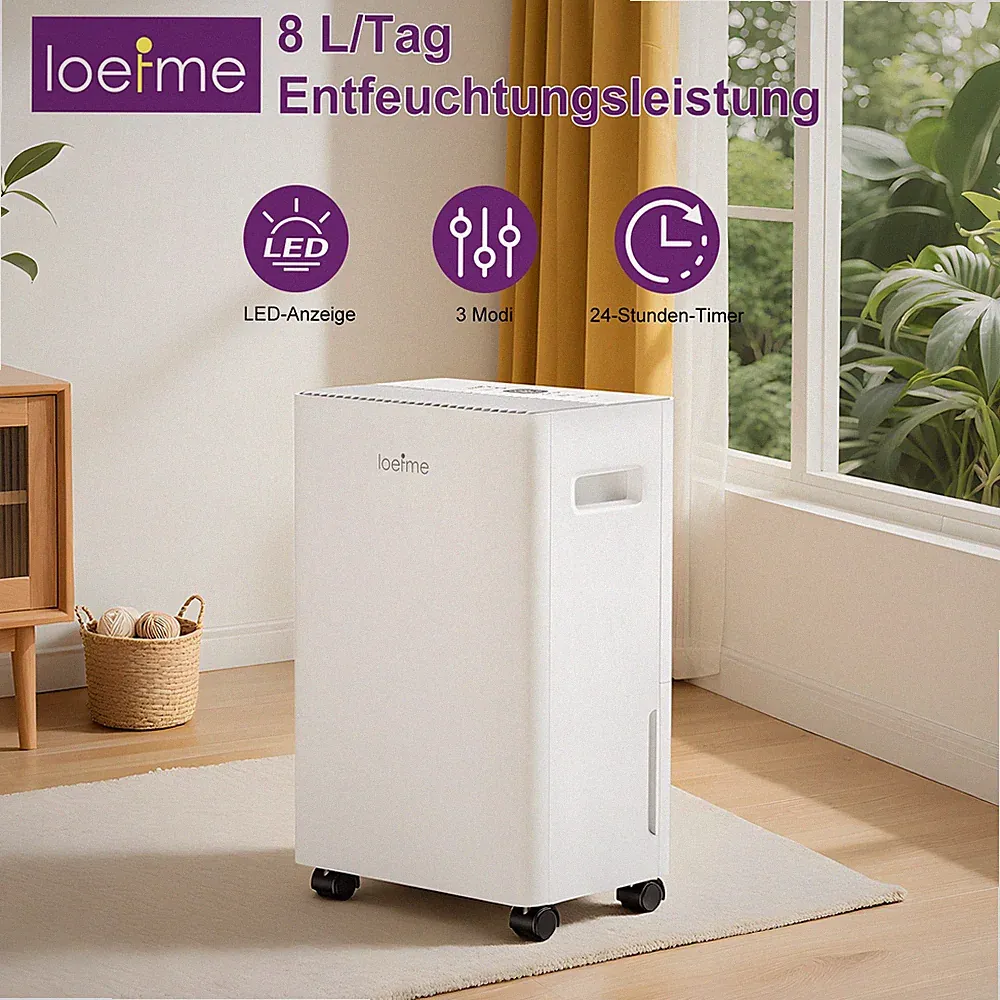 LOEFME Luftentfeuchter Raumentfeuchter Raumtrockner 8L/24h 1,5L Tank Kompressor