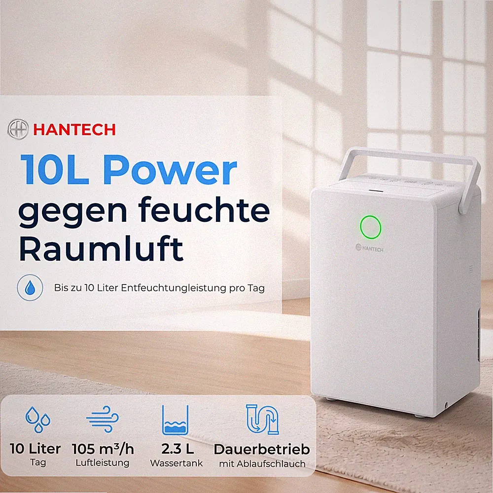 Luftentfeuchter 10L/Tag Raumentfeuchter HANTECH inkl. Schlauch für Dauerbetrieb