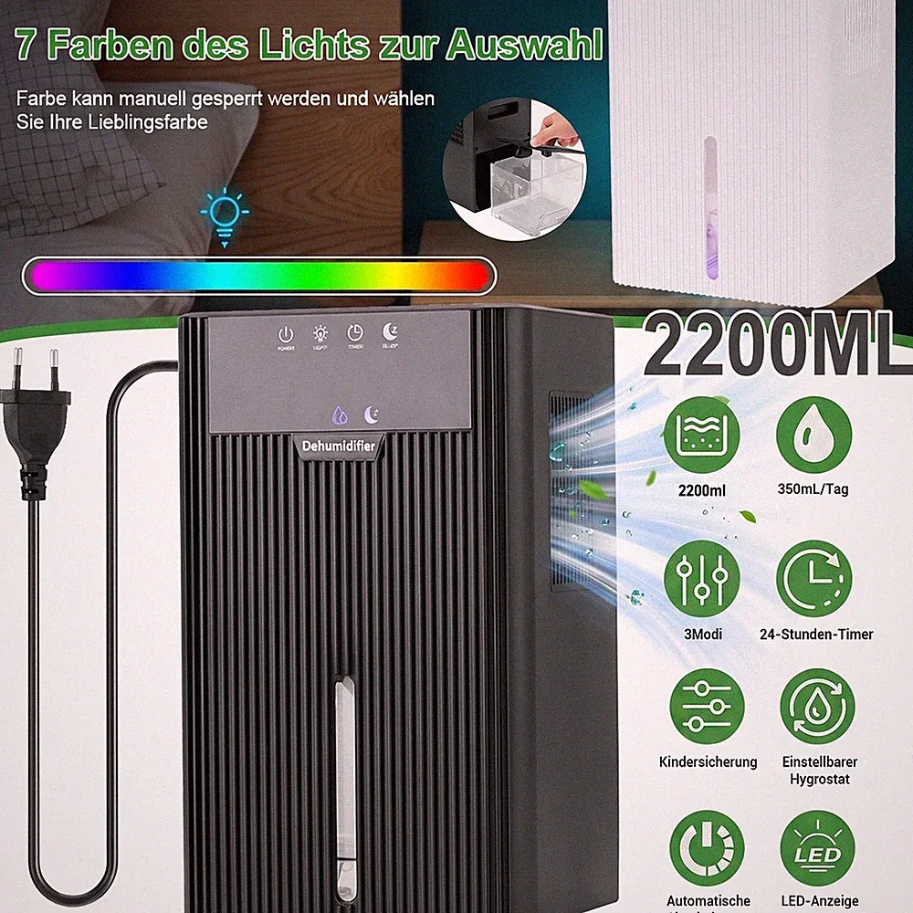 Luftentfeuchter Elektrisch 2.2L Raumentfeuchter Luftentfeuchtungsgerät Leise 25㎡