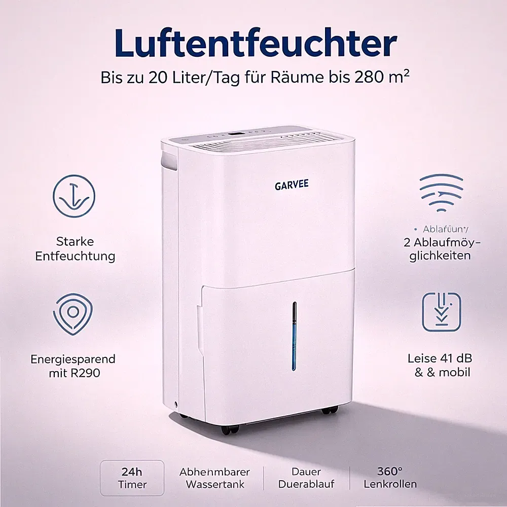 Luftentfeuchter Elektrisch 20L/Tag Raumentfeuchter 280m² Entfeuchter Bautrockner