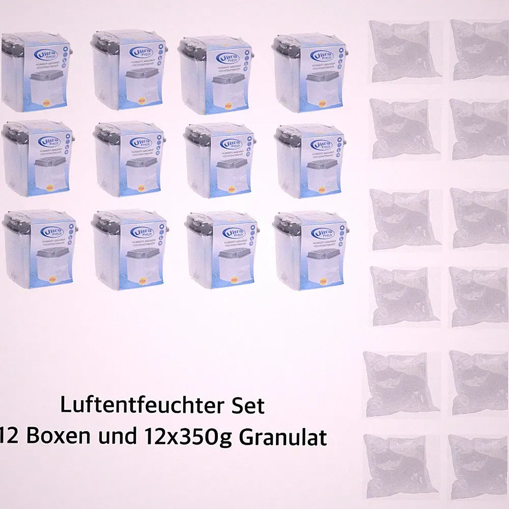 Luftentfeuchter Set 12 x Boxen mit 12 x 350g Granulat Raum Entfeuchter Trockner