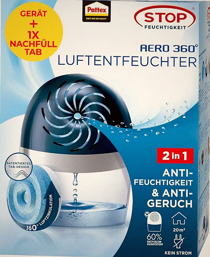 Pattex AERO 360º Luftentfeuchter Raumentfeuchter 1 Gerät + 1 Nachfülltab 450g
