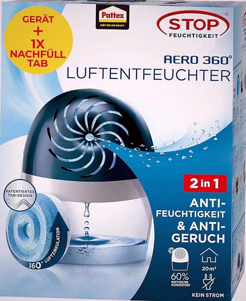 Pattex AERO 360 Luftentfeuchter Raumentfeuchter 1 Nachfülltab 450g