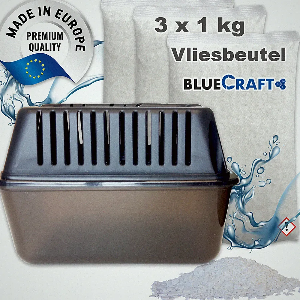 Raumentfeuchter Box + 3x 1kg Luft-Entfeuchter Granulat Vliesbeutel Nachfüllpack