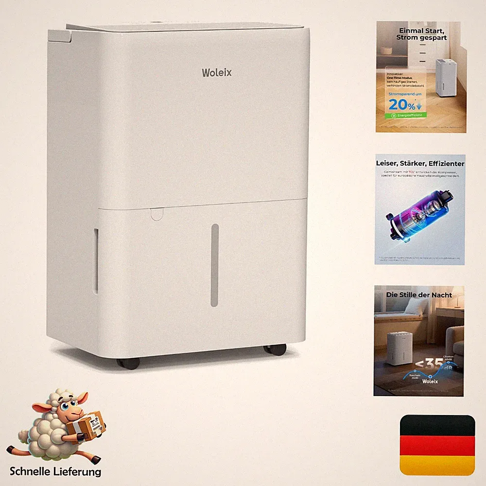 Woleix Elektrischer Luftentfeuchter 12L / Tag mit 3-in-1 Funktion, 35dB, Time...